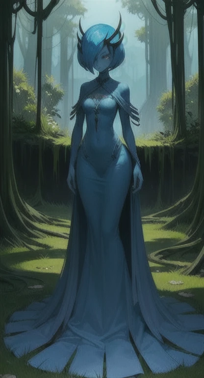 Overgrown hell life, ancient one, abandoned garden, mutated, blue rose creature, female spirit, blue skin, Gardevoir,