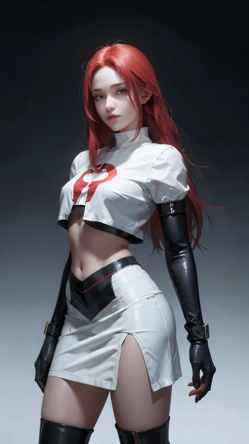 team rocket,team rocket uniform, red letter R, white skirt,white crop top,black thigh-highs, black elbow gloves,