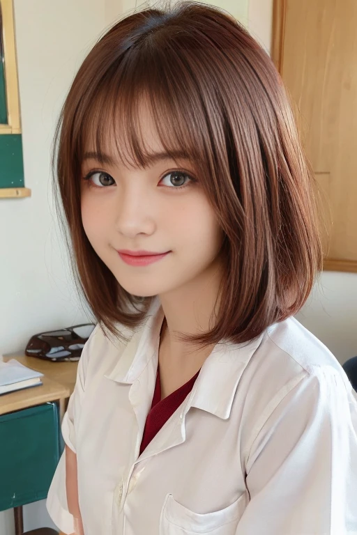 (best quality,4k,8k,highres,masterpiece:1.5),(ultra-detailed,realistic,photorealistic,photo-realistic:1.37),portrait,(looks ultra young Japanese girl,Incredibly Ultra Slim body:2.0),(cute breasts:1.25),(mesmerizingly beautiful face:1.5),(Close-up of her eyes:2.0),(Close-up of face:1.5),(striking features,ultra cute and idol-like big smile:1.5),(distinctly expressive ultra beautiful eyes:2.0),beautifully shaped eyebrows,captivating gaze,delicately curved lips,natural rosy cheeks,vibrant charm,flawless and fair skin,subtle shading,realistic rendering,(She is wearing a summer junior high school uniform:1.5),(white shirt:1.5).(She has dark red hair:1.5),(ultra short hair:1.5),gently swaying,golden rays of sunlight gently illuminating the scene,elegant and graceful posture,creating a tranquil and serene atmosphere. She's in the classroom.