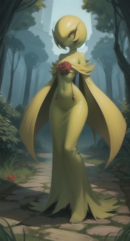 Overgrown hell life, ancient one, abandoned garden, mutated, yellow rose creature, female spirit, yellow skin, Gardevoir,