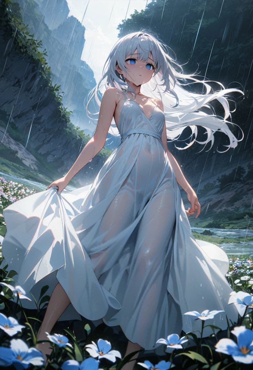 Masterpiece, Improved quality, High quality, Good anatomy, Healthy body, Whole fingers, Normal digits, 4k quality image, Girl, beautiful girl, perfect body, full body, perfect girl, back-length white hair, blue eyes, empty eyes, there is a river, in a field of flowers, wearing a plain white long dress, the wind blows her hair and dress, (from below), in the hill, breasts slip, small breasts, heavy rain, thunder, she hold flower, Heavy cry, rain, she was very disappointed, wet clothes, lightning strikes