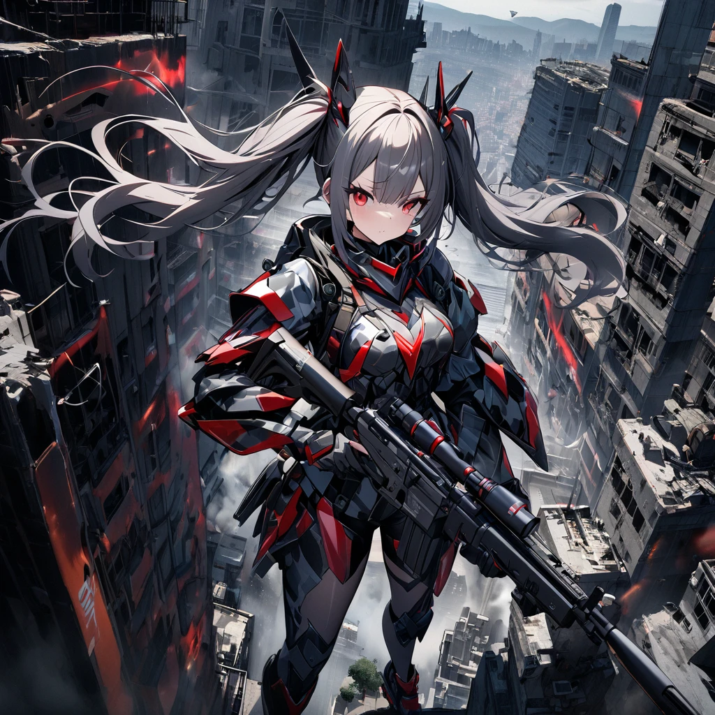 High quality, high definition, hig
h precision images,8k 1 Girl Robot Girl、urban camouflage hair,Twin tails,Red eyes、 ,( urban camouflage clothing Hold it with one hand),,He's wearing flashy robot armor.Holding a urban camouflage long range rifle,Flying over the ruined city
