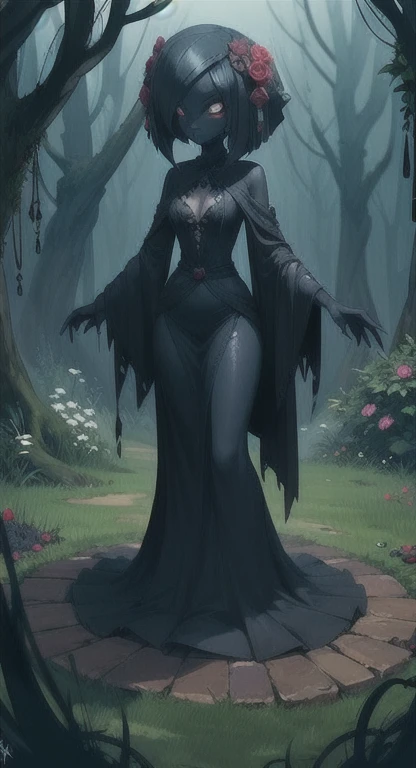 Overgrown hell life, ancient one, abandoned garden, mutated, black rose creature, female spirit, black skin, Gardevoir,