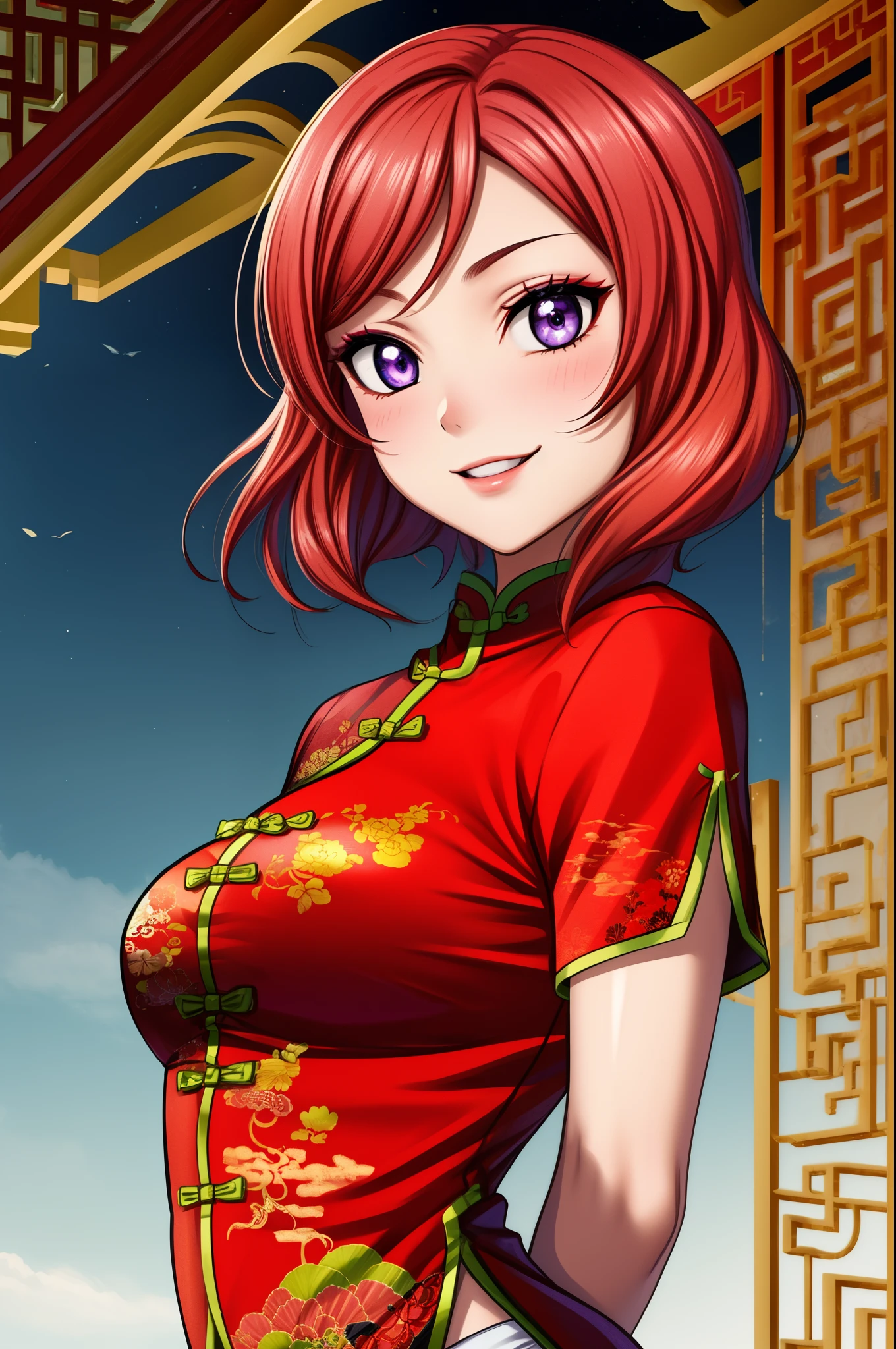 Masterpiece, best quality, solo,nishikino maki, purple eyes, Chinese clothes, upper body, face focus, sexy smile, shiny skin, breasts, alluring , Chinese makeup , arms behind back 