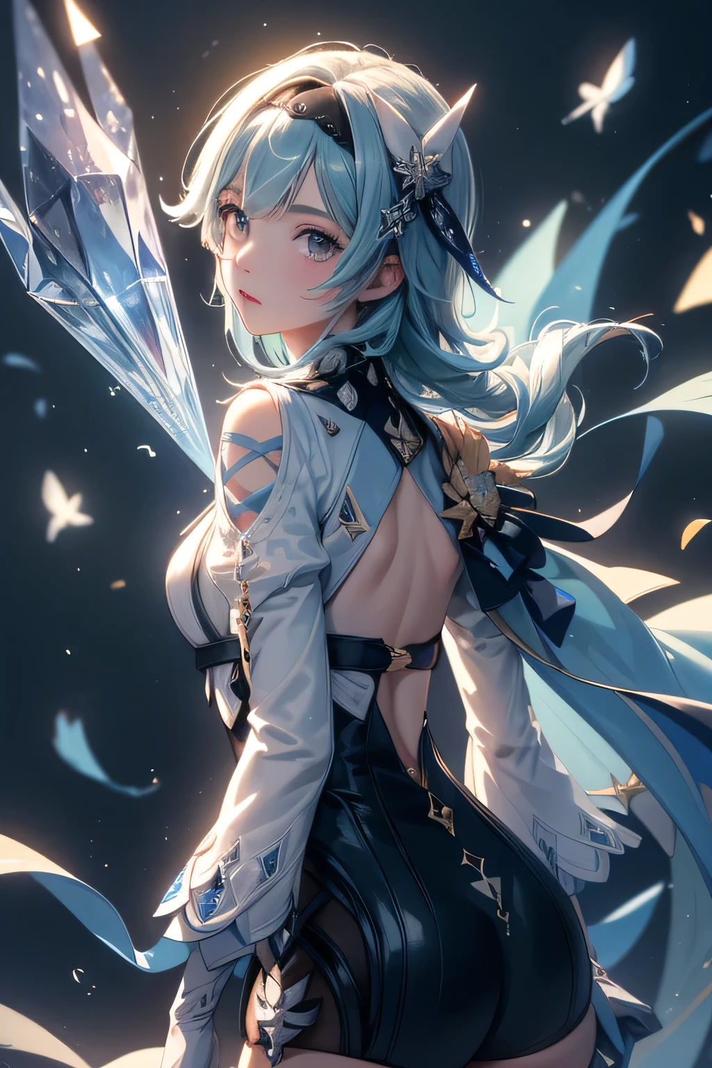 ((euladef)):1.5,((masterpiece,highest quality,Highly detailed images,Beautiful images))1.4(Image of eula leaning back with arms raised、Huge crystal crystal in the background、Overall dim lighting、Backlight、A fantastic atmosphere、Thick Fog、Dust flutters)1.3,(Close-up image of eula)1.1、(Her back is arched, which emphasizes her chest.、Turn your body towards the viewer):1.2