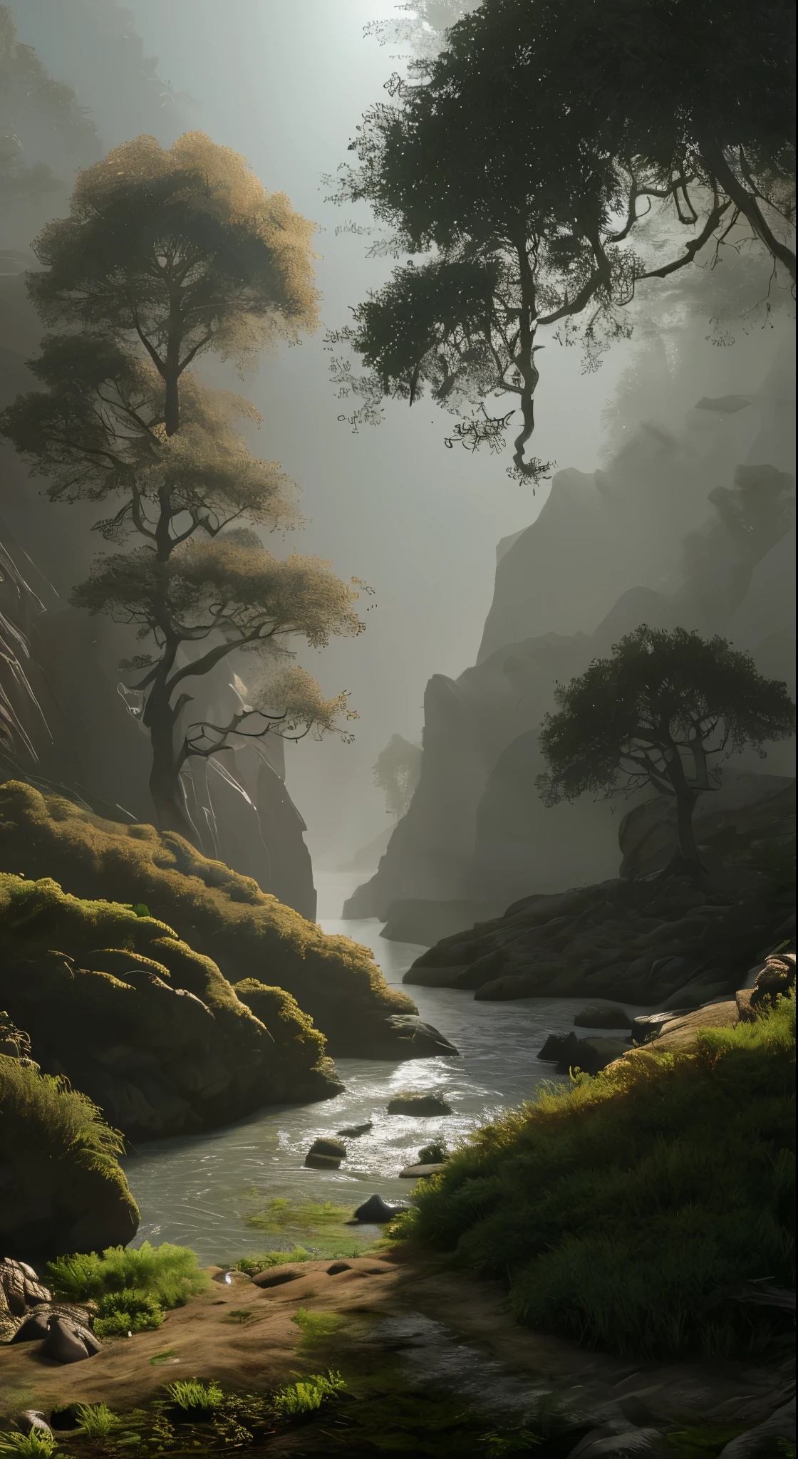 Create a rugged landscape of valleys and mountains, Shrouded in a thick fog, Less sunshine, Has twisted trees and thick trunks, Undergrowth reminiscent of grass and grass, In a hyper-realistic landscape, In dead colors, 4K, Cinema Lighting, Natural light, Film Grain, Cinema Lighting, Attention to detail, Photorealistic, Photorealisticistic, Volumetric lighting and shading  