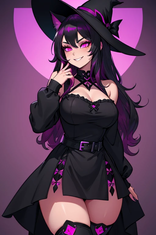 female, black long hair with magenta highlights, silver eyes, black wolf ears, black wolf tail (((1girl))), (((black gothic dress with magenta trim))), (black fingerless gloves), (black witch's hat), (black belt), (magenta stockings), (black boots), cute and sexy, full body, large breasts, large butt, long legs, smiling