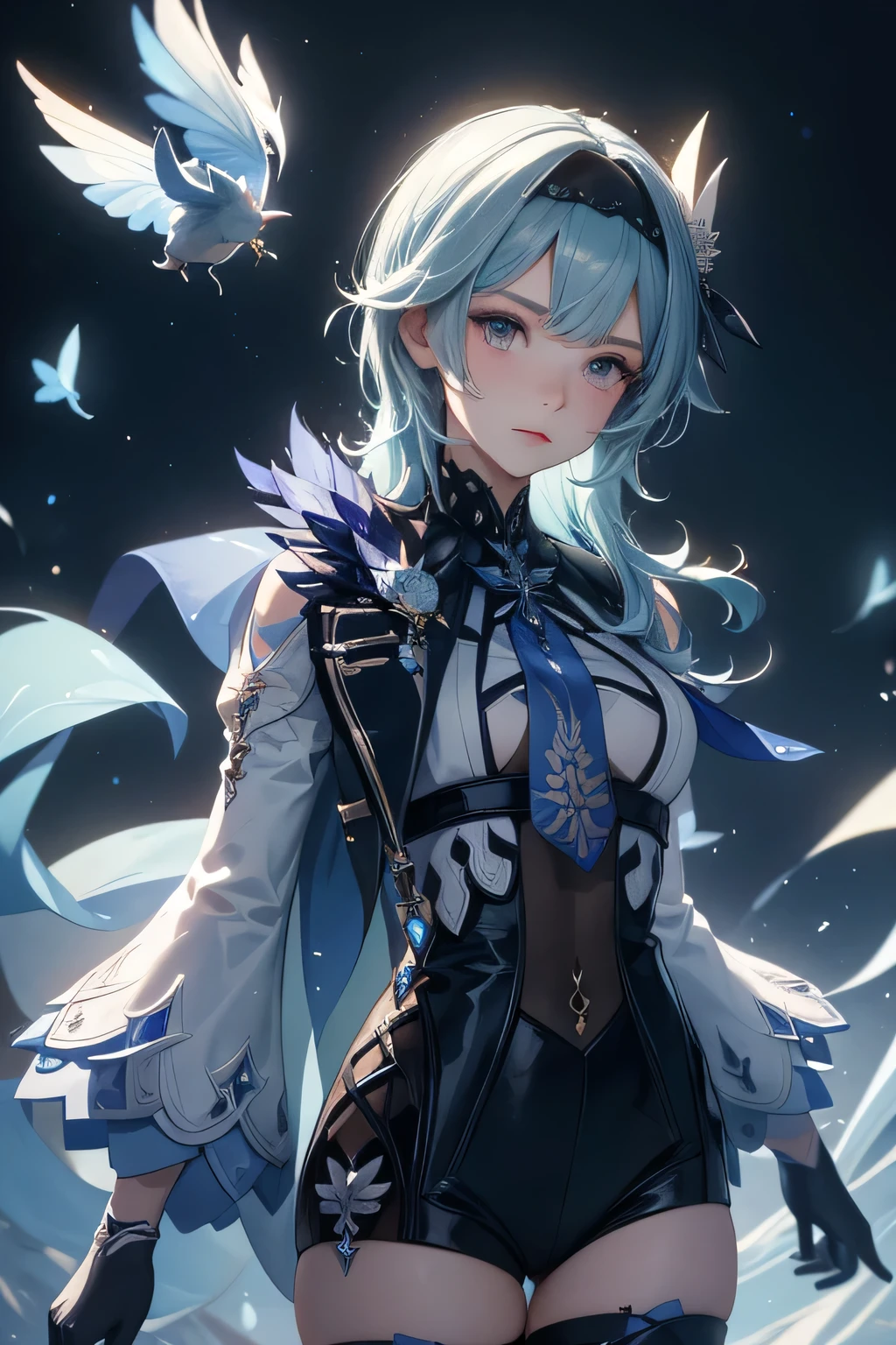 ((euladef)):1.5,((masterpiece,highest quality,Highly detailed images,Beautiful images))1.4(Image of eula with arms raised high、Huge crystal crystal in the background、Overall dim lighting、Backlight、A fantastic atmosphere、Thick Fog、Dust flutters)1.3,(Close-up image of eula)1.1、(chest is emphasized、Turn your body towards the viewer):1.2
