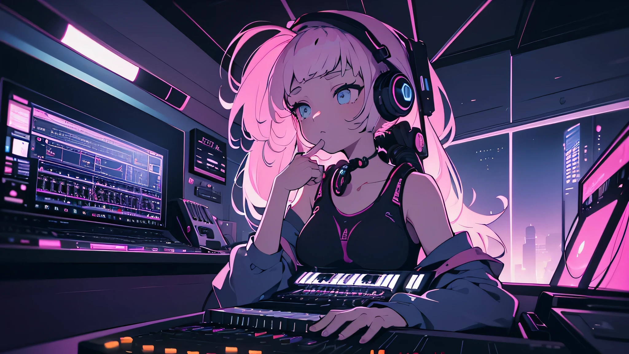 Best quality, (masterpiece:1.2), best detail face,1 girl, good breasts, 18 yo, 8k,absurdres,unity 8k wall paper,(extremely detailed:1.3), highest realistic, (headphones:1.1), (soft neon light:1.1), (floating hair:1.2), (psychedelic:1.2), Her room full of music equipment, loungewear, (((playing retro synthesizer)))