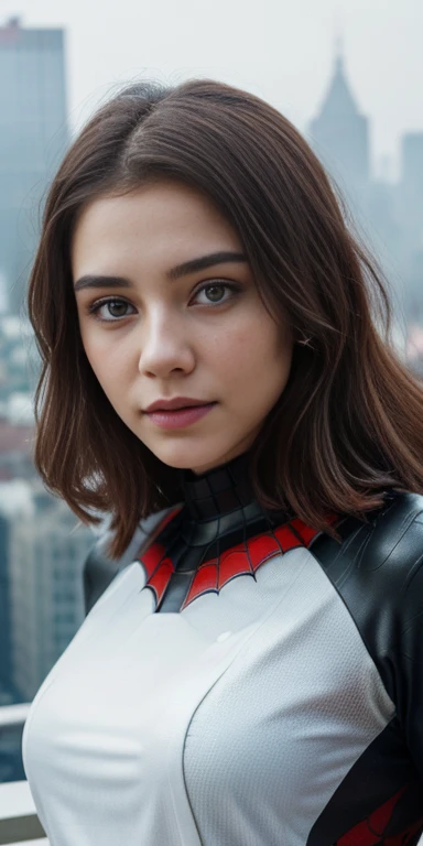 (1girl:1.3), Duo, (((Very detailed face)))), ((Very detailed eyes and face)))), Beautiful detail eyes, Body parts__, Official art, Unified 4k wallpaper, Super detailed, beautiful and beautiful, beautiful, masterpiece, best quality, original, masterpiece, super fine photo, best quality, super high resolution, realistic realism, sunlight, full body portrait, amazing beauty, dynamic pose, delicate face, vibrant eyes, (from the front), She wears Spider-Man suit, red and black color scheme, spider, very detailed city roof background, rooftop, overlooking the city, detailed face, detailed complex busy background, messy, gorgeous, milky white, highly detailed skin, realistic skin details, visible pores, clear focus, volumetric fog, 8k uhd, DSLR, high quality, film grain, photo realism, lomography, futuristic dystopian megalopolis
