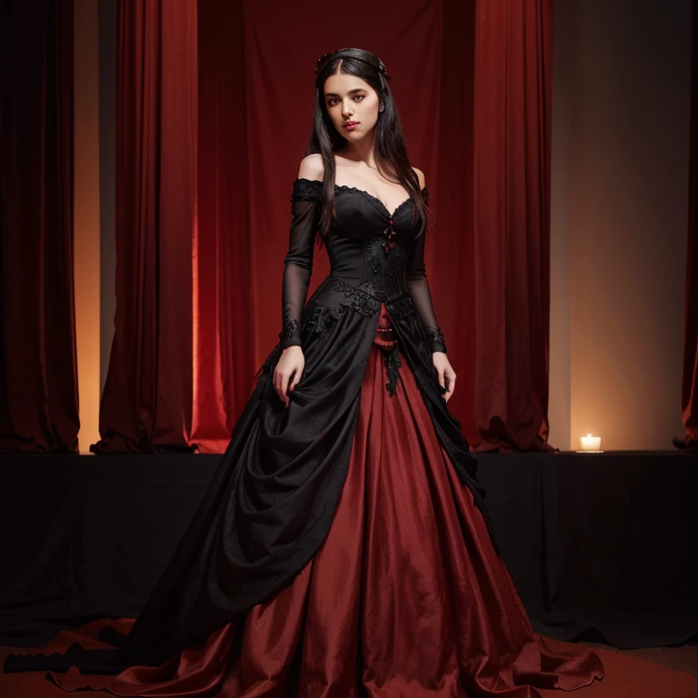Create a blood red dress with black details. The dress should be elegant and have various decorations, trying to be of different lengths and different designs.