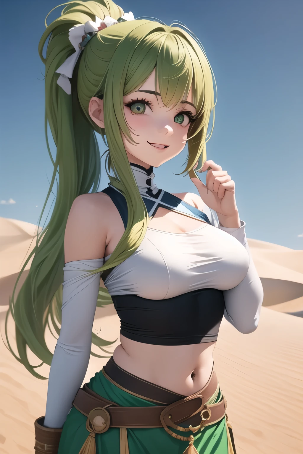 Uma garota de dezesesseis anos que tem os cabelos curtos e verdes. Seus olhos verdes como jade. Her skin is brown. Seu rosto alegre tem um largo sorriso. This girl is a fighter amidst the white sands of the desert. The girl wears clothes typical of the desert. The girl is a human.