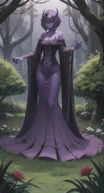 Overgrown hell life, ancient one, abandoned garden, mutated, purple rose creature, female spirit, purple skin, Gardevoir,