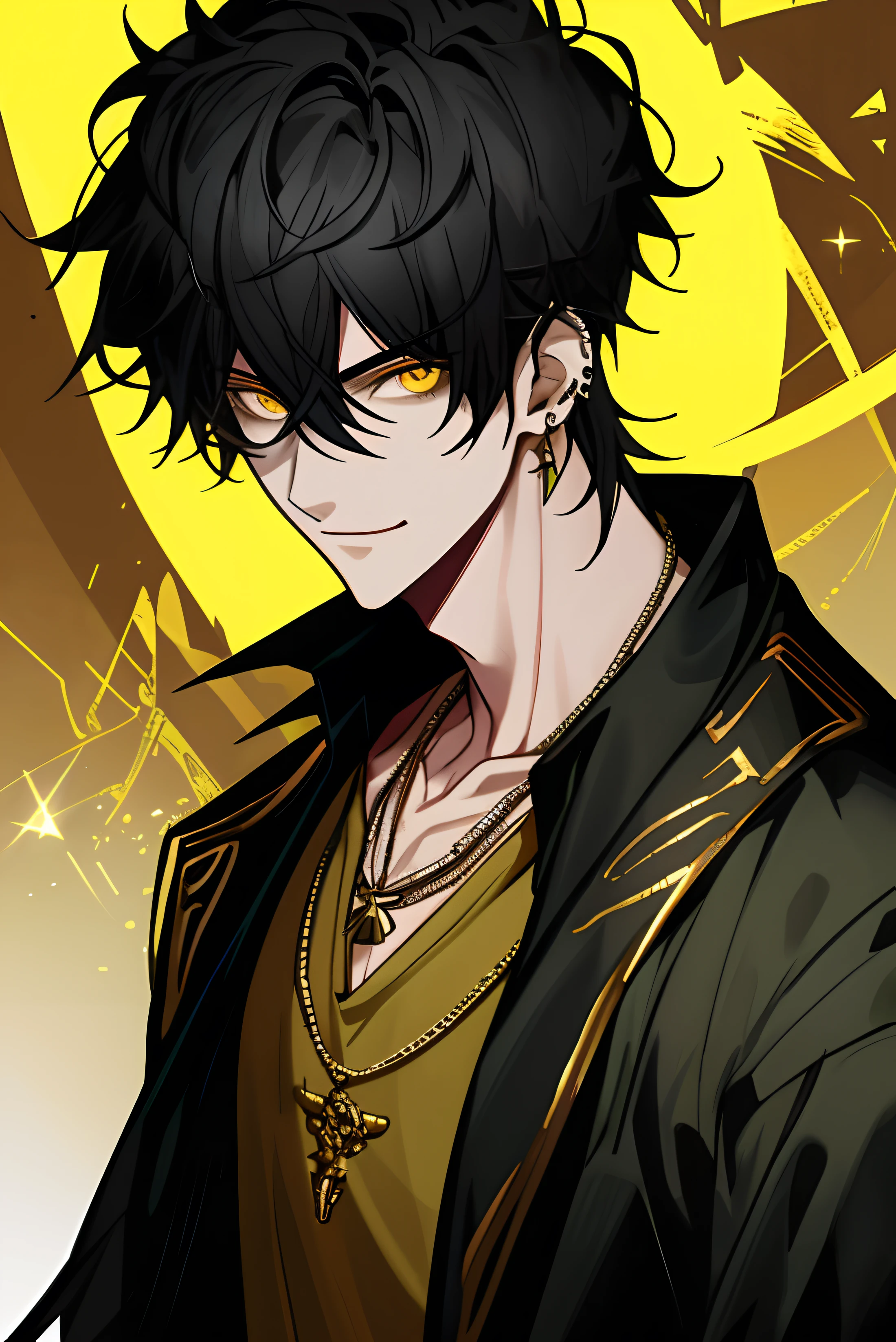 Masterpiece, absurdres, fine detail, HDR,
solo, looking at viewer, smile, shirt, black hair, 1boy, hair between eyes, jewelry, jacket, yellow eyes, upper body, male focus, earrings, necklace, ear piercing, FH