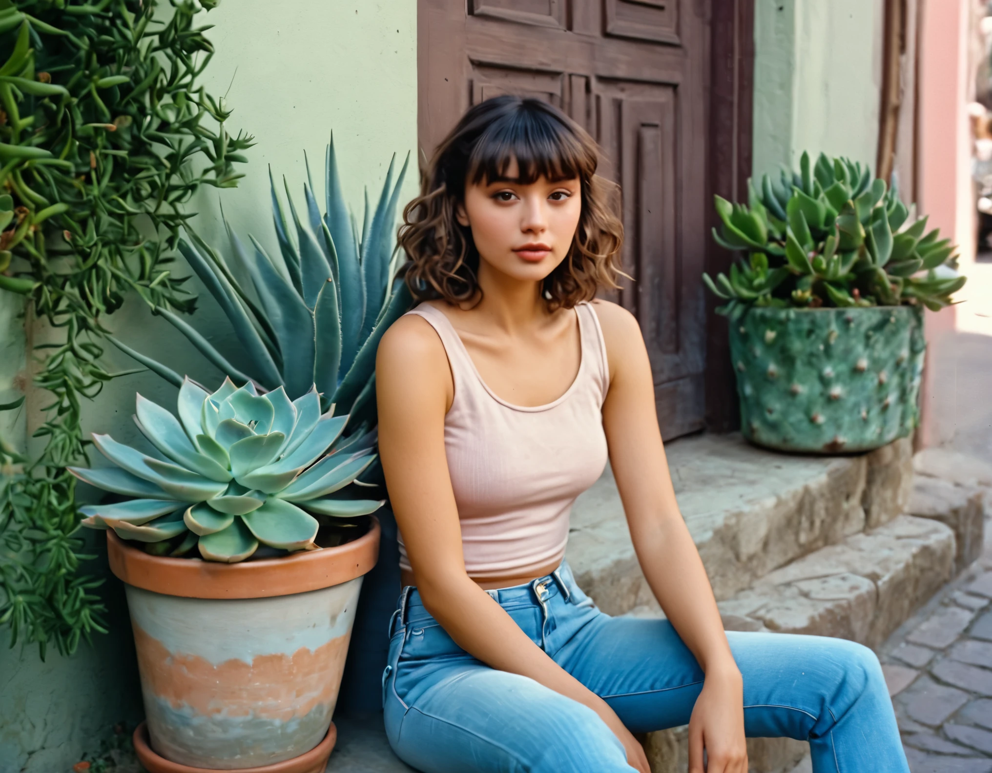 analog film photo solo, realistic, ((vintage photo)), ((woman)), (((Short, Choppy Bangs Hairstyle))), ((brown tank top)), masterpiece portrait photo of a woman with faded blue jeans, comfort fit, (perfect face ), gorgeous Latina, she's sitting on a step outside ,her feet on the cobblestone street, ceramic potted succulents, plants and flowers line the area, lovely private nook, beautiful Latina, relaxed and posing, beautiful facial features, looking at the camera, hazel eyes, some blush on her cheeks, medium length curly brown hair, 4k RAW, best quality skin details, ultra-detailed, highly detailed eyes, detailed skin pores, intricate eye details, ((dynamic pose)), high detailed, (cinematic shot:1.3), PA7_Human-Likeness, PA7_Photo, 8k, clear facial features, pastel themed colorgrade . faded film, desaturated, 35mm photo, grainy, vignette, vintage, Kodachrome, Lomography, stained, highly detailed, found footage