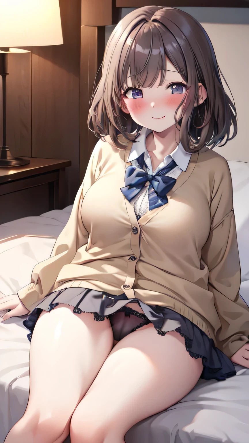 Very detailed、(8k, RAW Photos, highest quality, masterpiece:1.2), (Very detailed 8k wallpaper),shape、Professional Lighting,Sharp focus, Written boundary depth、
Browsing Caution、Clear Eyes、Perfect Anatomy、With a girl、、Black Hair、(blush:1.5)、、(White lace panties:1.3)、、(Beige cardigan:1.2)、White collar shirt、bow tie 、Micro Mini Skirt、、、,、imminent kiss,(Plump thighs:1.2)、(Leg spread:1.3)、Sit on the bed、