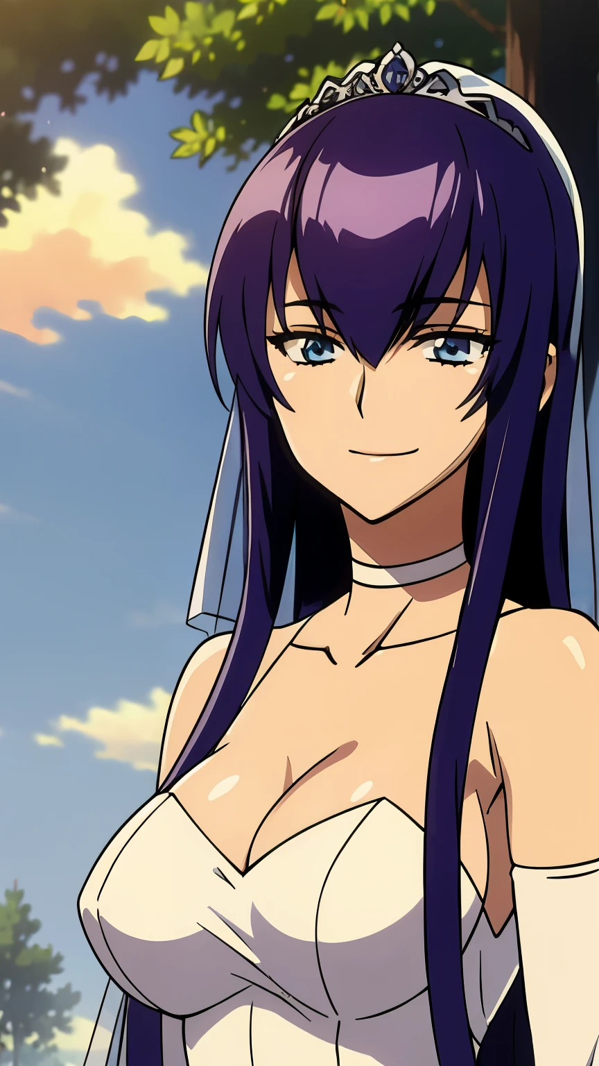1girl hair between eyes, ahoge, blue eyes,purple hair, star \(symbol\), hair ornament, dress, cleavage, bare shoulders, collarbone, long white elbow gloves, white gloves, white dress, white choker, strapless, tiara, veil, strapless dress, wedding dress, bridal veil, beautiful woman, perfect body, perfect breasts, wearing a wedding dress, ball gown, in the park trees, wedding decorations, a in love smile, realism, masterpiece, textured skin, super detail, high detail, high quality, best quality, 1080p, 16k