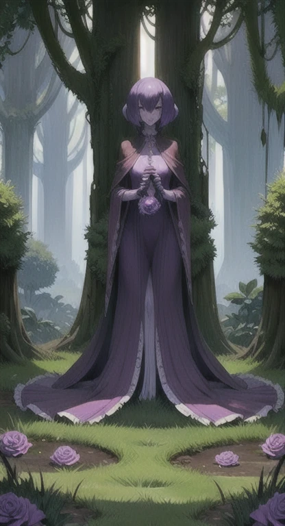 Overgrown hell life, ancient one, abandoned garden, mutated, purple rose creature, female spirit, purple skin, Gardevoir,