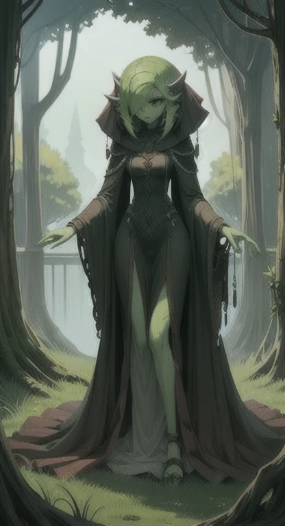 Overgrown hell life, ancient one, abandoned garden, mutated, green rose creature, female spirit, green skin, Gardevoir,