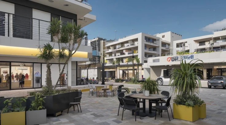 Un centro comercial abierto de 4 niveles de altura, para un terreno de 20 por 25 metros, con un estilo arquitectonico moderno y lujoso, vista desde afuera y lejos, con colores modernos en escala de grises y negro y madera calida, alta calidad, 4k