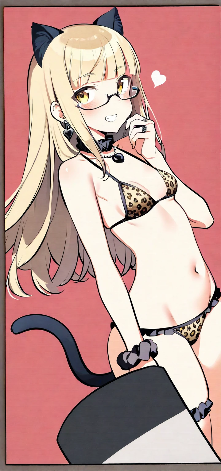 (8K, Best Quality, Ultra Detailliert, Highres, Absurdres, Perfect Anatomy:1.5, Masterpiece:1.5), (((1 Cute Girl))), (((perrine h. clostermann, perrine clostermann))), (((Yellow Eyes))), (((Black Glasses))), (((Long Long Hair:1.4, Bangs, Blust Bangs, Blonde Hair))), (((Black Cat Ears, Black Cat Tail))), (Slender Body, Dwarf:0.7), (((Small Breasts))), ((Big Hips:1.1)), (Smile:0.9), ((Blush:0.9)), (Grin:0.9), (Heart), (Leopard Bikini, Leopard Print), (Frills Choker, Wrist Scrunchie), (Earrings, Necklace, Ring, Anklet), Dutch Angle, (((Posed Photo:1.1))), (((Wide-Angle Photo:1.1))), from Below:0.2, (Simple BackGround, Simple Colour BackGround, Warm Colour BackGround)