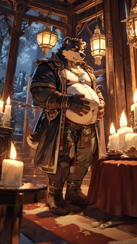 A really large and fat male anthro furry bear barbarian rubbing his large pregnant belly.