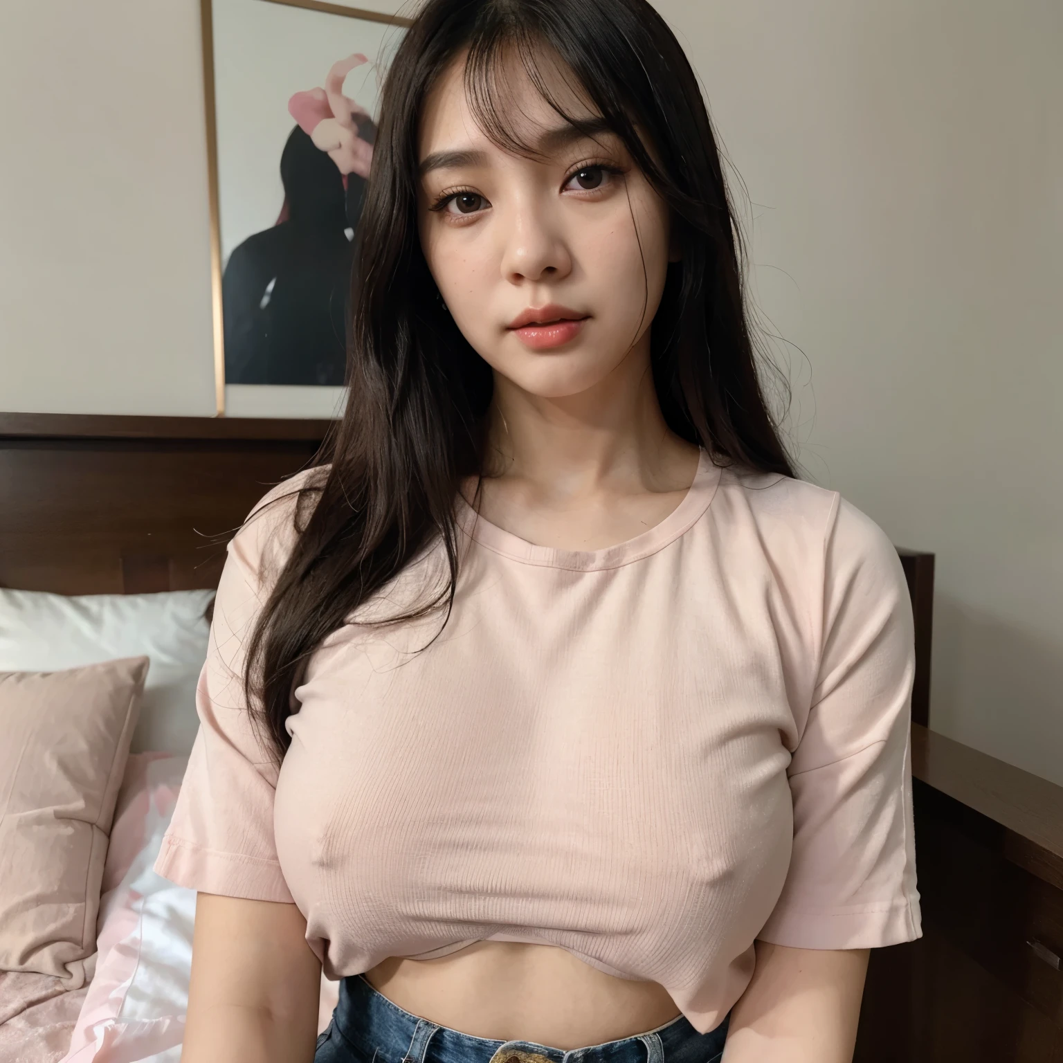 1girl, realistic, eye and face details, full lips, lipstick, (makeup), face hd, Asian woman with black hair, hip-length hair, long hair, coreana, asian features, young cute wan asian face, Ulzzang, asian face, a young Asian woman, asian, AESPA,wonyoung, wonyoung IVE, black hair, long black hair, blurry background, hoooooyeony, HoYeon Jung, busty famele, girl with bangs, big, serious girl, Lee Su-hyun, short top, big breast, thin clothing, pic for instagram, casual photo, photo by iPhone, profile photo, pfp, selfie for perfile photo, autofoto, seductive and erotic girl, small eyes, asian eyes, long hair, attractive girl (( pechos grandes )), 18 years, korean, attractive, selfie, selfie for instagram, casual, casual photo, casual picture, room, pink t-shirt
