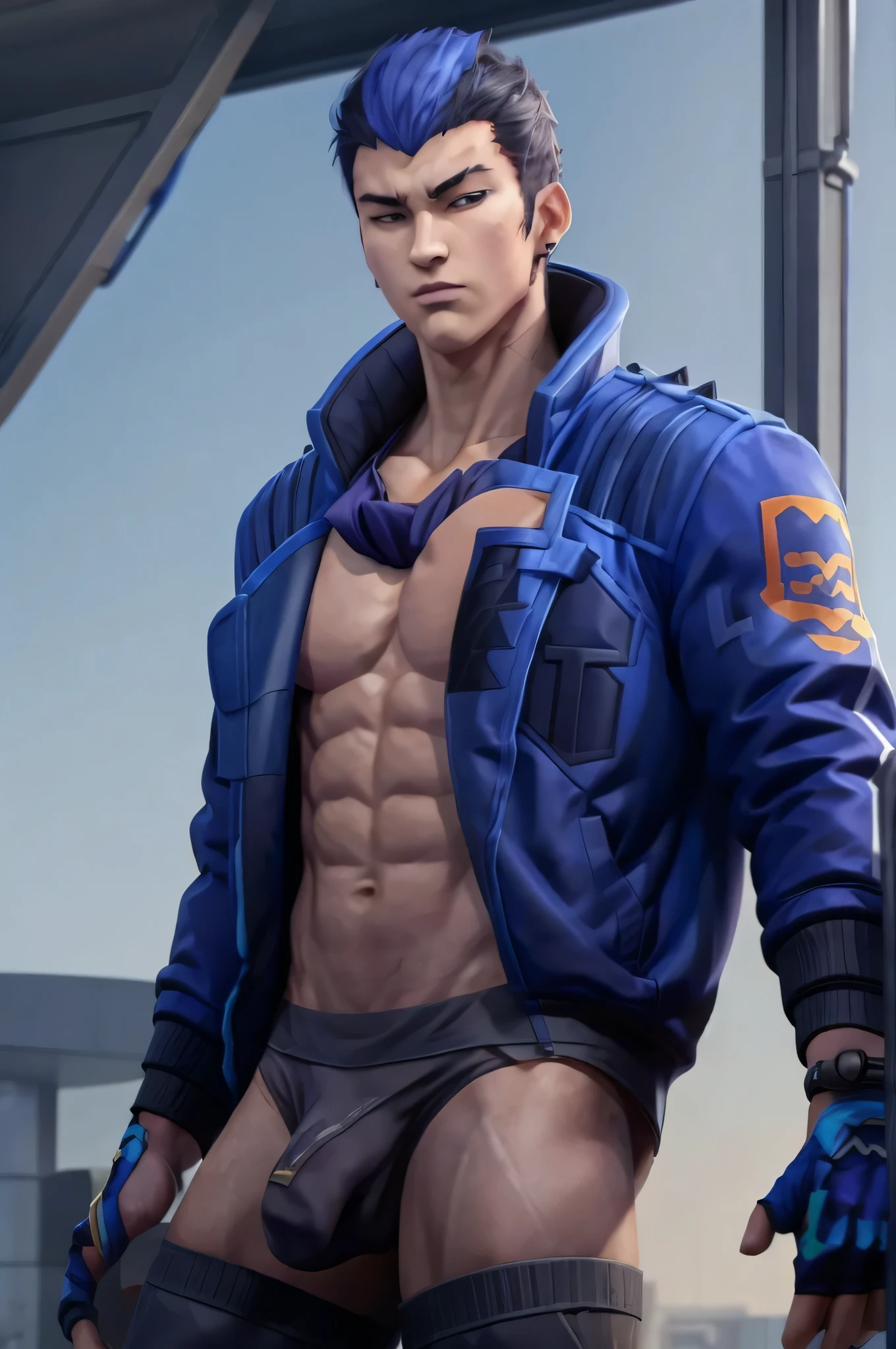 yoru valorant, shirtless, fully shirtless, no coat, no jacket, wearing blue necktie, plain blue backgroud, calvin Klein underwear