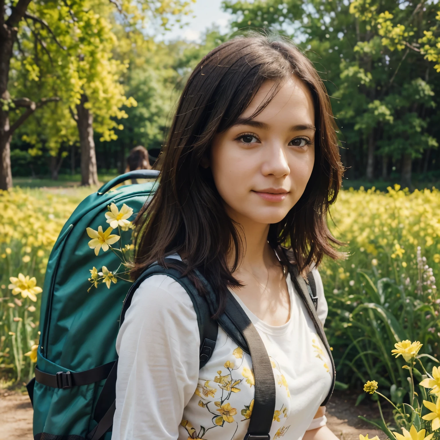 Tip: A very charming with a backpack and her cute puppy enjoying a lovely spring outing surrounded by beautiful yellow flowers and nature. The illustration is a high-definition illustration in 4k resolution, featuring highly detailed facial features and cartoon-style visuals.