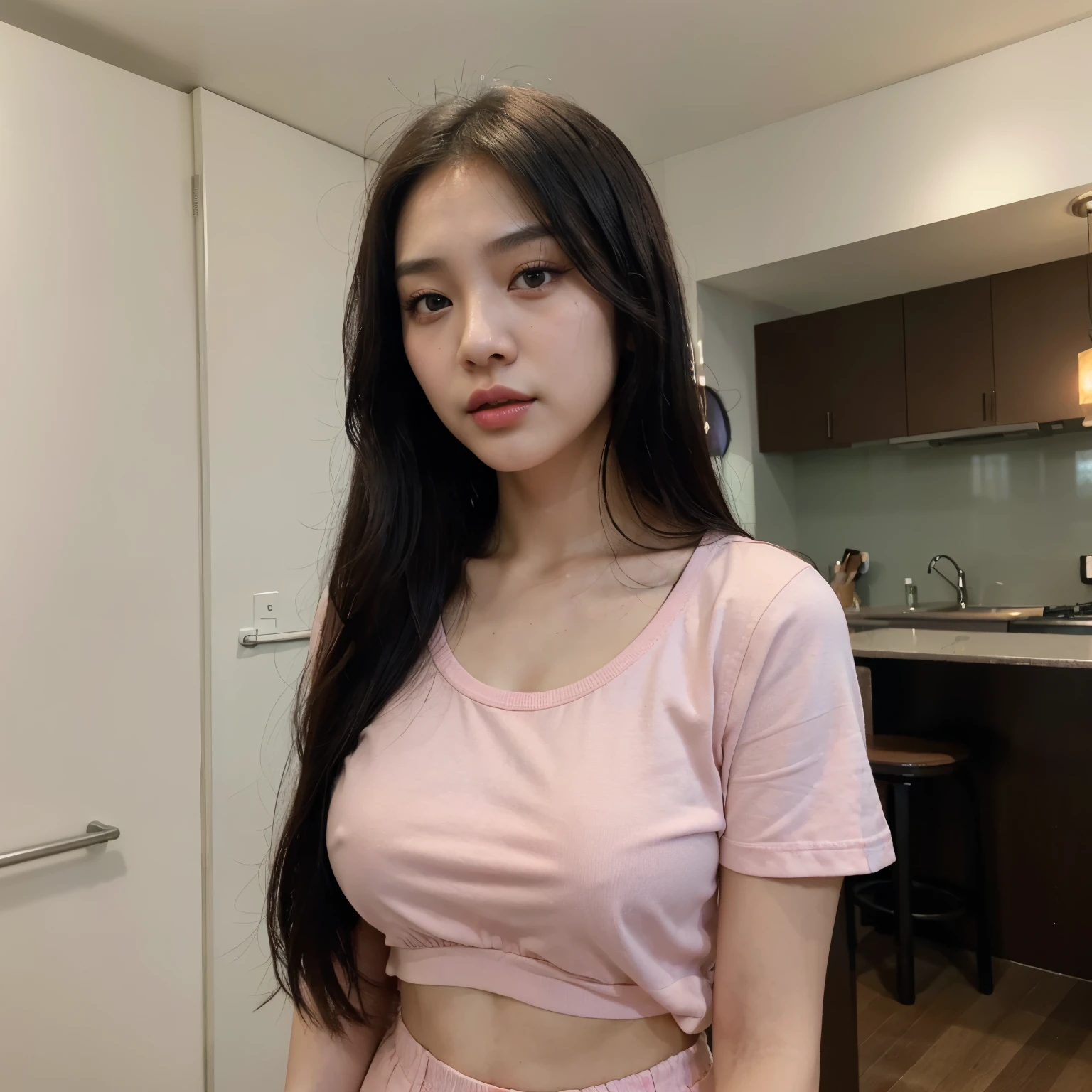 1girl, realistic, eye and face details, full lips, lipstick, (makeup), face hd, Asian woman with black hair, hip-length hair, long hair, coreana, asian features, young cute wan asian face, Ulzzang, asian face, a young Asian woman, asian, AESPA,wonyoung, wonyoung IVE, black hair, long black hair, blurry background, hoooooyeony, HoYeon Jung, busty famele, girl with bangs, big, serious girl, Lee Su-hyun, short top, big breast, thin clothing, pic for instagram, casual photo, photo by iPhone, profile photo, pfp, selfie for perfile photo, autofoto, seductive and erotic girl, small eyes, asian eyes, long hair, attractive girl (( pechos grandes )), 18 years, korean, attractive, selfie, selfie for instagram, casual, casual photo, casual picture, room, pink t-shirt