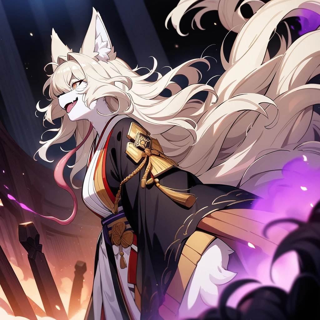 (masterpiece),(best quality),(ultra-detailed),(illustration,official art),1girl,(furry:1.3),nine tailed fox,30yo,curvy,blonde fox ears,(platinum blonde fox ears),wavy hair,hair fluttering in the air,platinum blonde hair,beautiful face,(messy hair),(disheveled hair),hair intakes,(loose-fitting twelve-layered ceremonial kimono),smirk,evil grin,laughing,looking down,standing,Dark Altar,japan,(beautiful detailed golden eyes),A purple aura oozes from body,open mouth,long tongue,panorama,from side,(looking away)