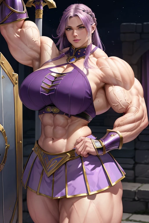 ((((Massive, tall, beautiful, buff, muscular pale white skinned female gladiator with violet purple hair, ginormous bulky muscles, holding a sword and shield and wearing an all violet purple gleaming gladiator armor and pleated skirt)))), (close view), black eyeliner, massive muscles, massive biceps, hyper muscle triceps, (long hair with long bangs), black eyes, gladiator boots, In a Roman city, steel gladiator armor, armor breastplate, nighttime, confident smile, (hyper muscles arms), hyper muscle legs, (ginormous arms)