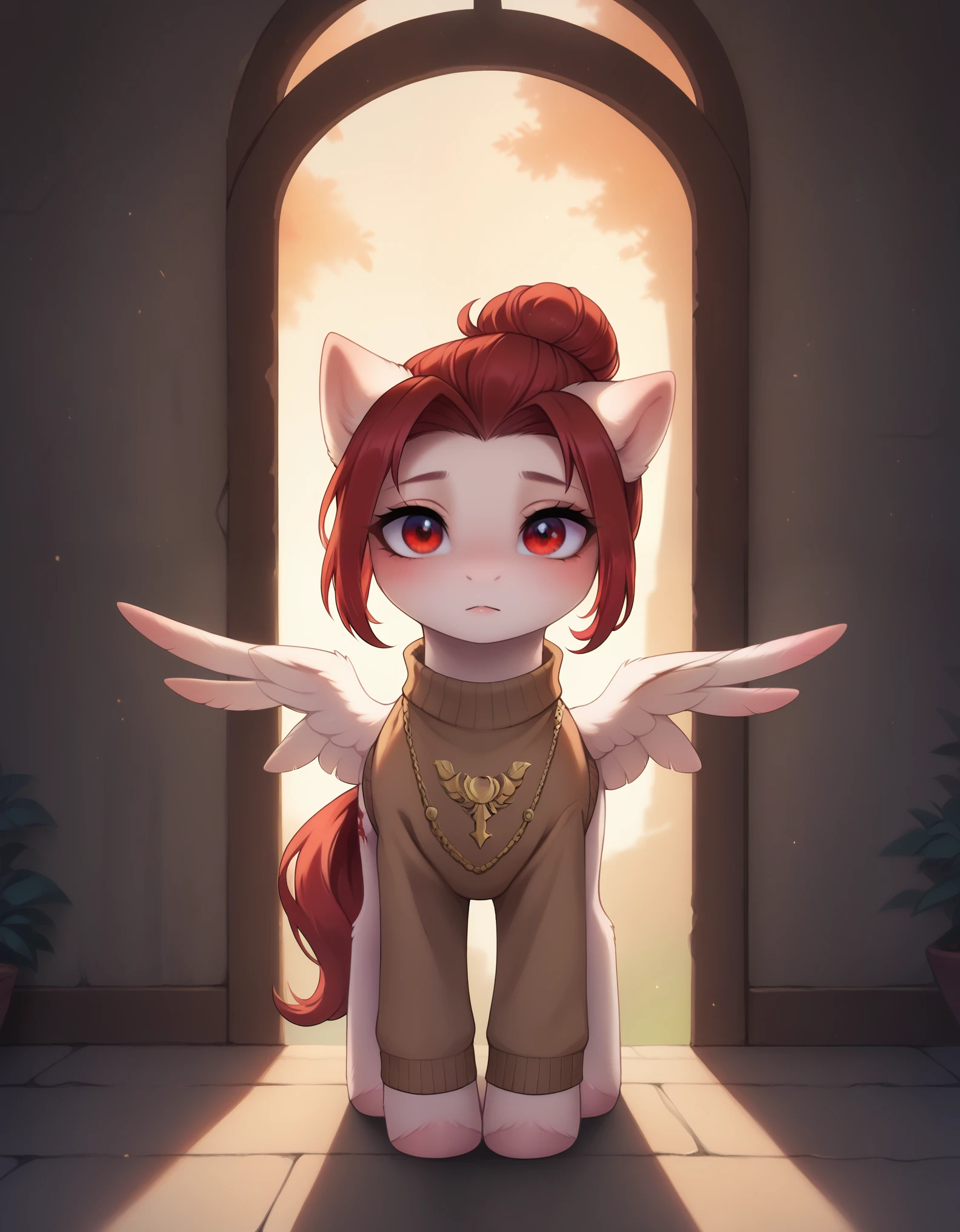 (high quality, detailed, beautiful), score_9, score_8_up, score_7_up, score_6_up, feral pony, white fur, red hairbun, short tail, bun tail, filly pony, female pony, 1 girl, pegasus, shy, short legs, cute, looking at viewer, standing, white and brown sweater, ruby eyes