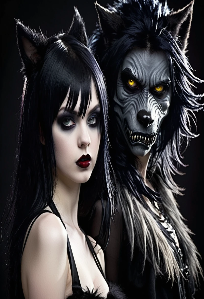 photorealistic violent scary young emo girl with Black hair black lipstick undead and a werewolf with black fur violent