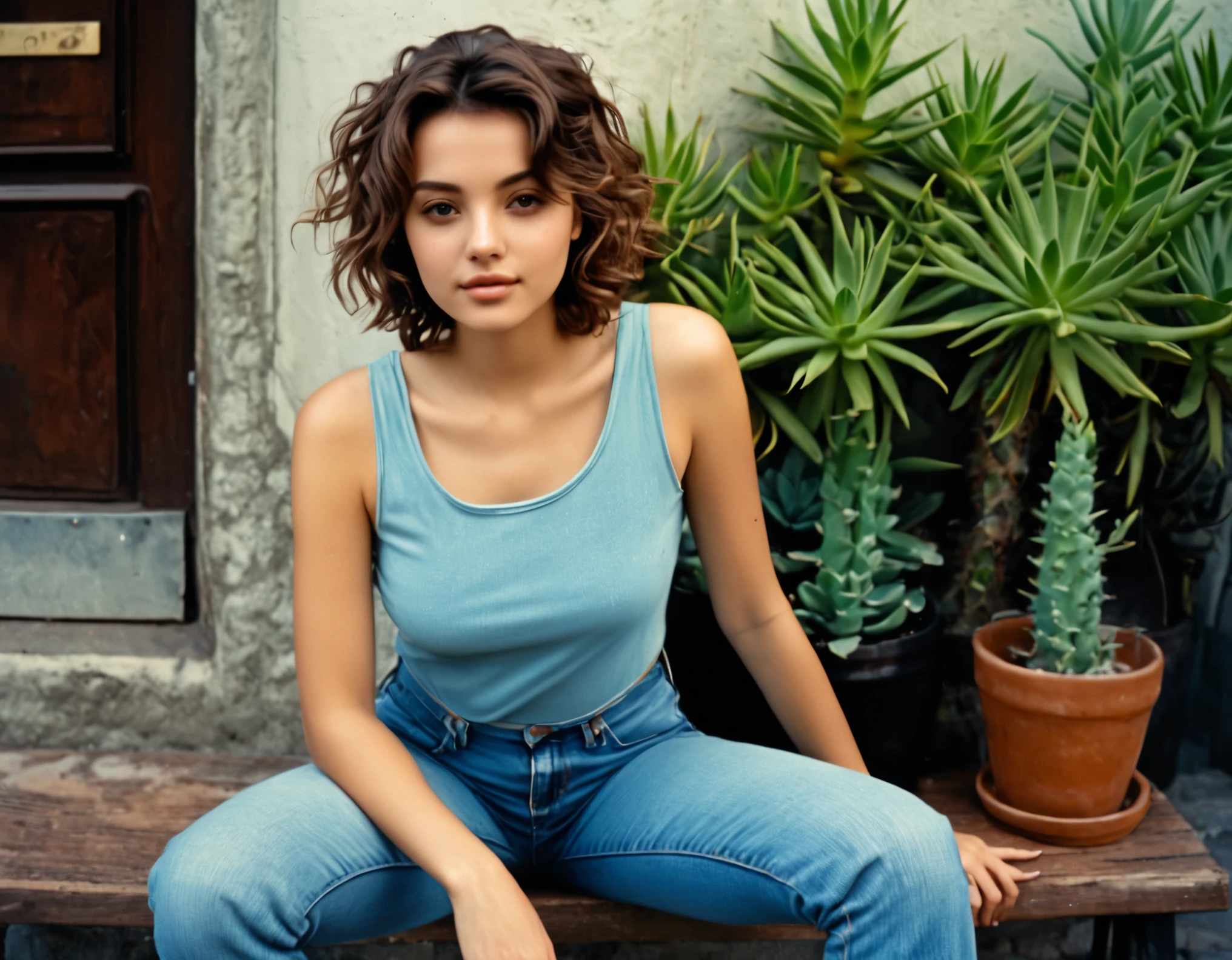 analog film photo solo, realistic, ((high contrast photo)), ((woman)), (((Short, Hairstyle))), ((brown tank top)), masterpiece portrait photo of a woman with faded blue jeans, comfort fit, (perfect face ), gorgeous Latina, she's sitting on a bench outside ,her feet on the cobblestone street, ceramic potted succulents, plants and flowers line the area, lovely private nook, beautiful Latina, relaxed and posing, beautiful facial features, looking at the camera, hazel eyes, some blush on her cheeks, medium length curly brown hair, RAW, best quality skin details, jean details, ultra-detailed, highly detailed eyes, detailed skin pores, intricate eye details, ((dynamic pose)), high detailed, (cinematic shot:1.3), PA7_Human-Likeness, PA7_Photo, 8k, clear facial features, pastel themed colorgrade . faded film, desaturated, 35mm photo, grainy, vignette, vintage, Kodachrome, Lomography, stained, highly detailed, found footage