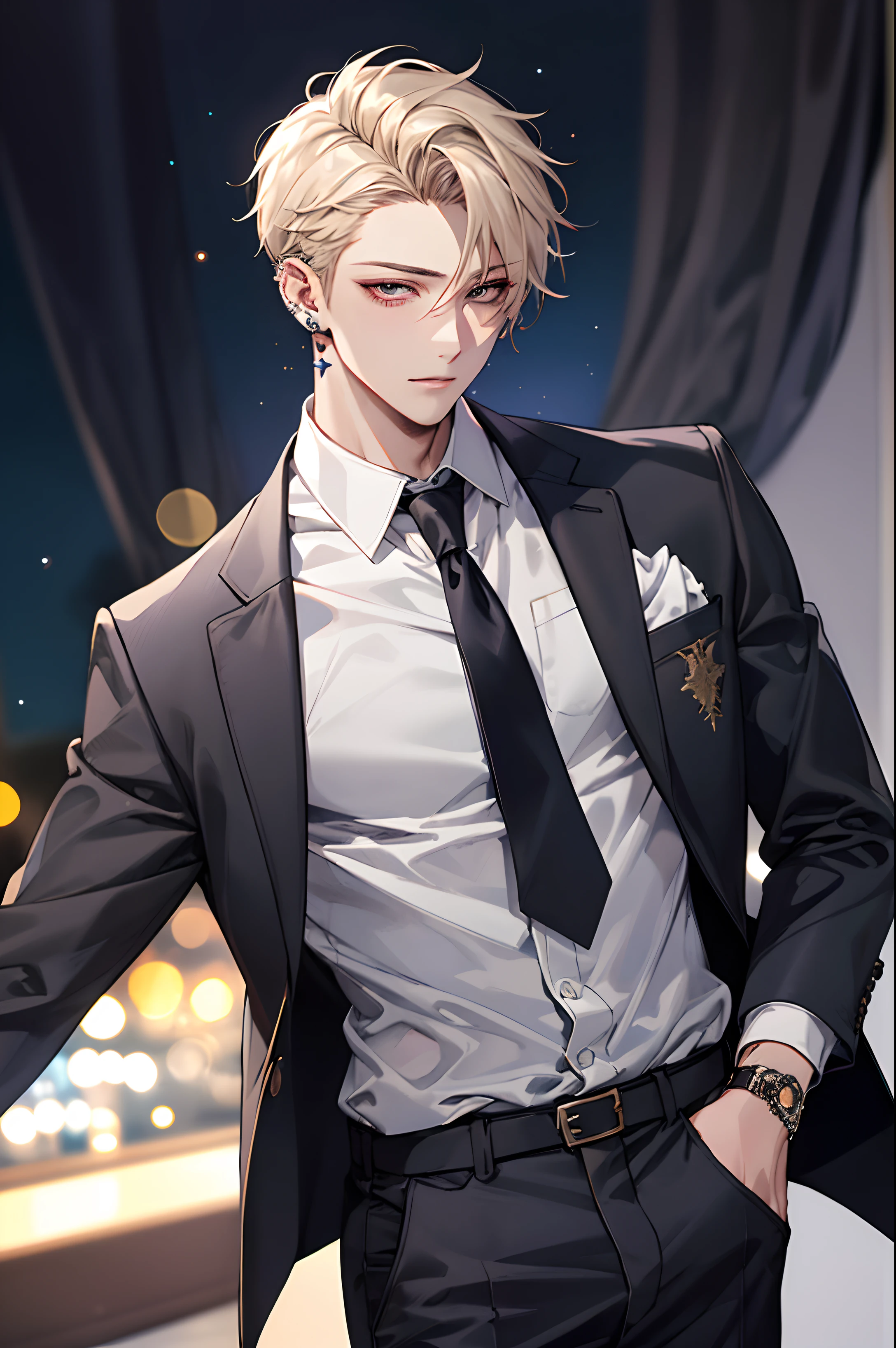 Masterpiece, best quality, high quality, 1boy, face focus, adult, suit, jacket, white shirt, tie, pants, tattoos, lots of piercings, earrings, best quality, face detail, detail background, background bokeh