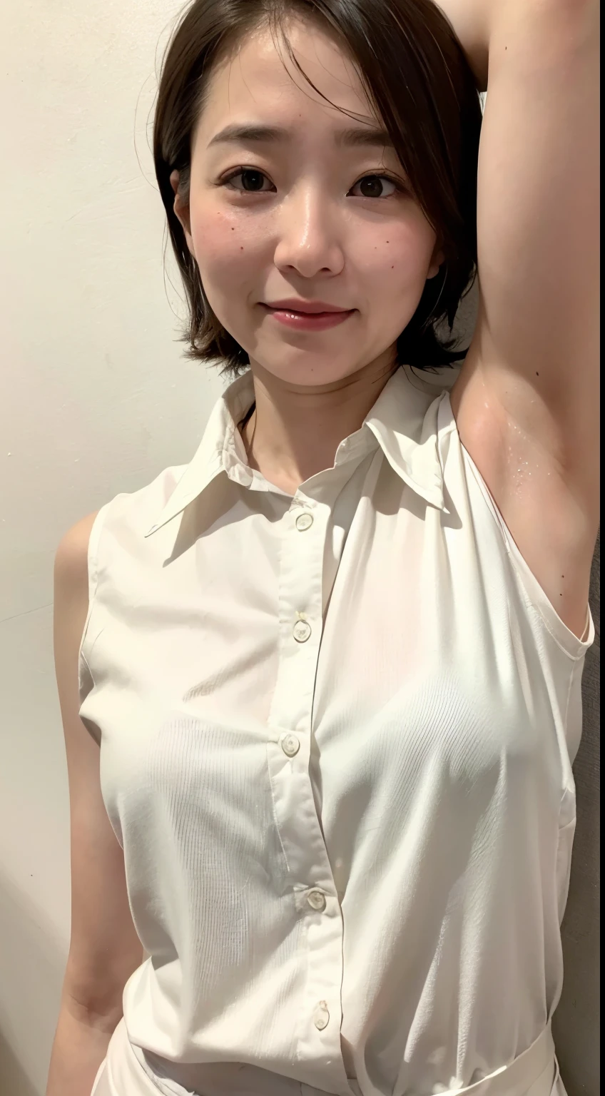 (Realistic:1.3、Ultra HD、Ultra-high resolution、8k、Japanese office lady、At work、White collared shirt、Sleep on your back)、((Looking at the camera:1.8))、(Extremely realistic skin texture:1.4)、(Realistic:1.3)、short hair、(Embarrassed expression:1.5)、(blonde:1.1)、(40-year-old woman、Mature Woman)、Ponytail hairstyle、(Lift your left arm and show your armpit:1.3)、(Armpit close-up:1.4)、(Taken from left:1.3)