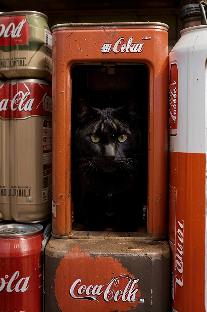 A big black cat hissing and looking angry at human for Coca-Cola's cans which he considers his property