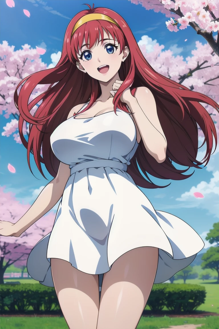 (Very beautiful face and eyes:1.2),(Laugh together),((Big Breasts))、The wind is blowing、White dress、
Beautiful legs、,Redhead、Yellow headband、cherry blossoms、
(highest quality,masterpiece:1.2),1 girl,Looking at the audience,
Natural light,Hair blowing in the wind,Beautifully detailed skies,