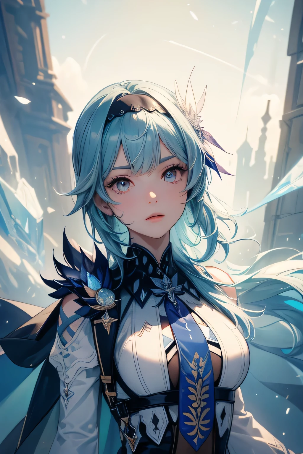((euladef)):1.5,((masterpiece,highest quality,Highly detailed images,Beautiful images))1.4(Image of eula with arms raised high、Huge crystal crystal in the background、Overall dim lighting、Backlight、A fantastic atmosphere、Thick Fog、Dust flutters)1.3,(Close-up image of eula)1.1、(chest is emphasized、Turn your body towards the viewer):1.2
