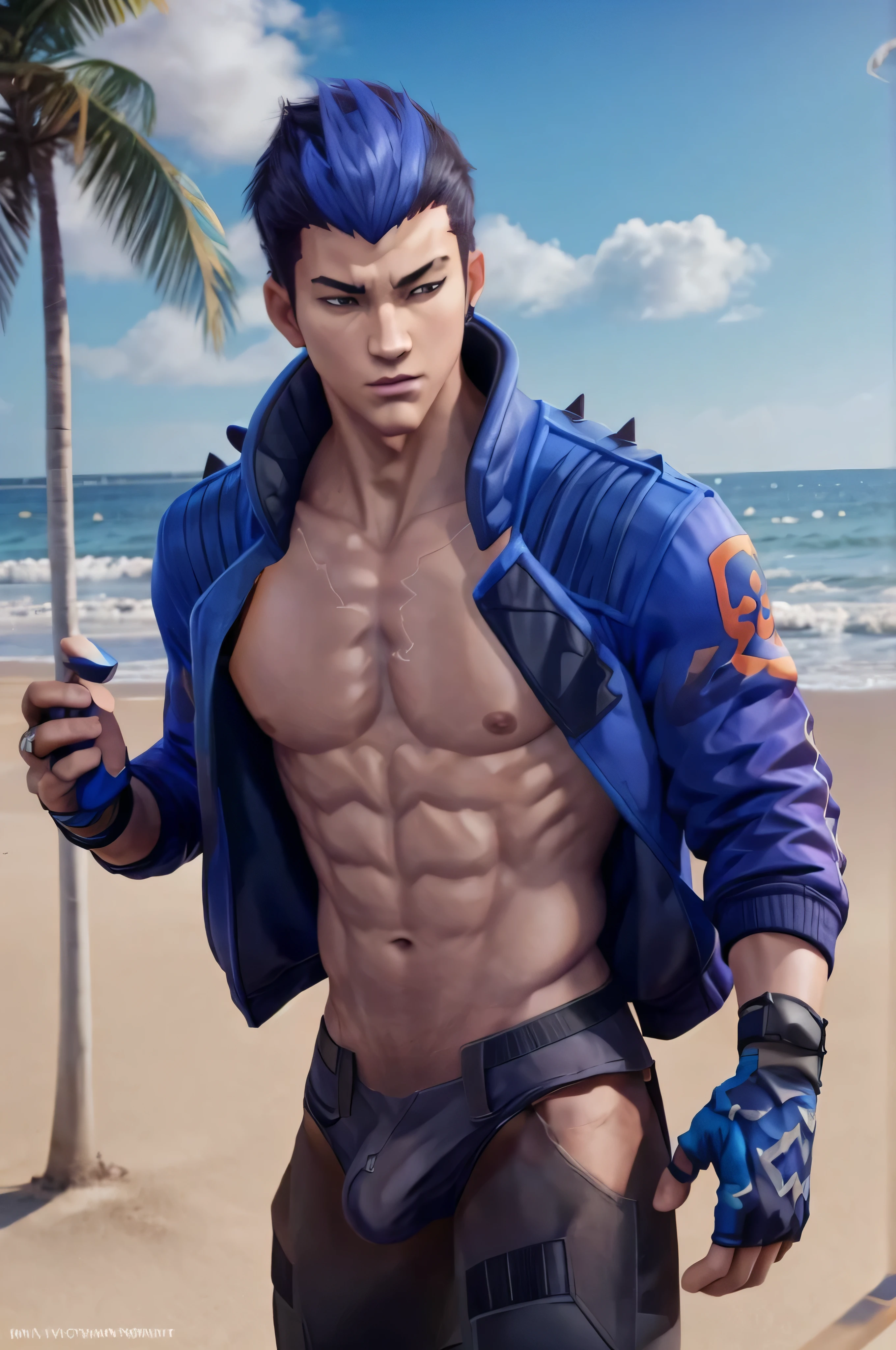 yoru valorant, shirtless, fully shirtless, no coat, no jacket, beach background, calvin Klein underwear