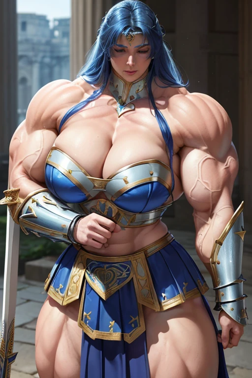 ((((Massive, tall, beautiful, buff, muscular pale white skinned female gladiator with royal blue hair, ginormous bulky muscles, holding a sword and shield and wearing an all royal blue gleaming gladiator armor and pleated skirt)))), (close view), black eyeliner, massive muscles, massive biceps, hyper muscle triceps, (long wavy curly hair), white eyes, gladiator boots, In a Roman city, steel gladiator armor, armor breastplate, nighttime, confident smile, (hyper muscles arms), hyper muscle legs, (ginormous arms)