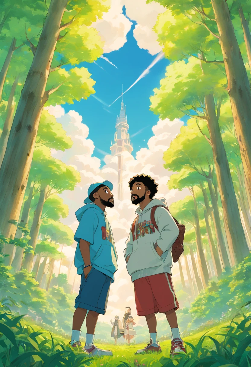 Rappers Drake and Kendrick Lamar having a rap battle in a field surrounded by tall trees, detailed clouds