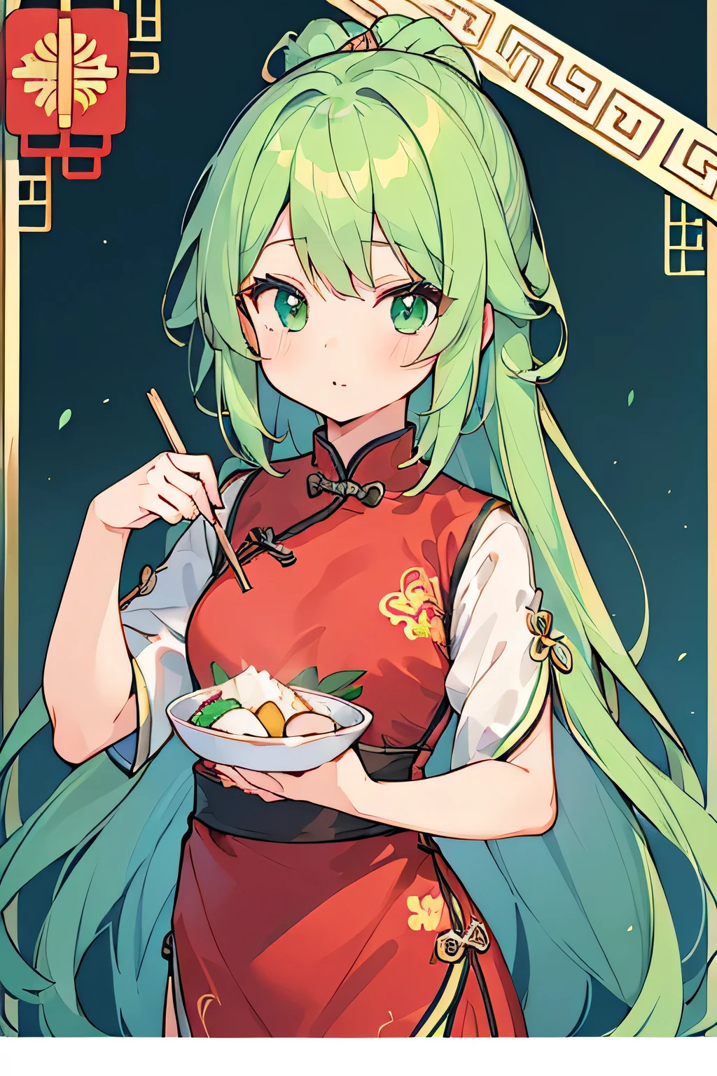 ((Cute girl in a Chinese dress:1.2))、 face、((masterpiece、highest quality、Ultra high definition、High resolution))、Anime Girls、((Ultra-detailed illustrations:1.2))、Just One、bangs、Hair between the eyes、Green Hair、Beautiful Hair、Random color eyes、Beautiful Idea Chest、Big laughing face、Mouth open、At a Chinese restaurant