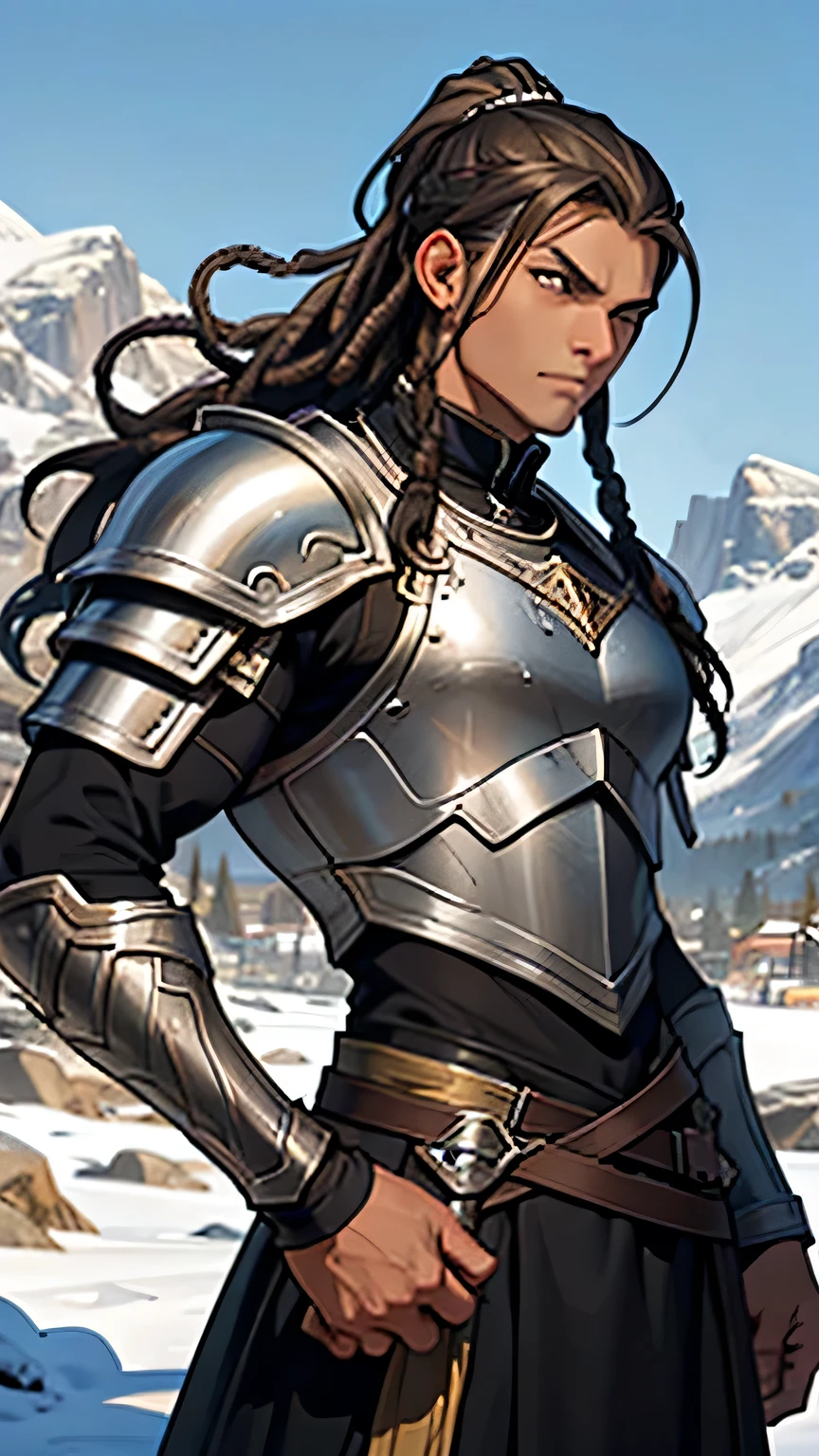 young man with light brown skin, light brown eyes, long black dreadlocked hair, black ponytail, strong physique, intense gaze, silver armor, Viking, located in a poor ancient European town in the middle of mountains.