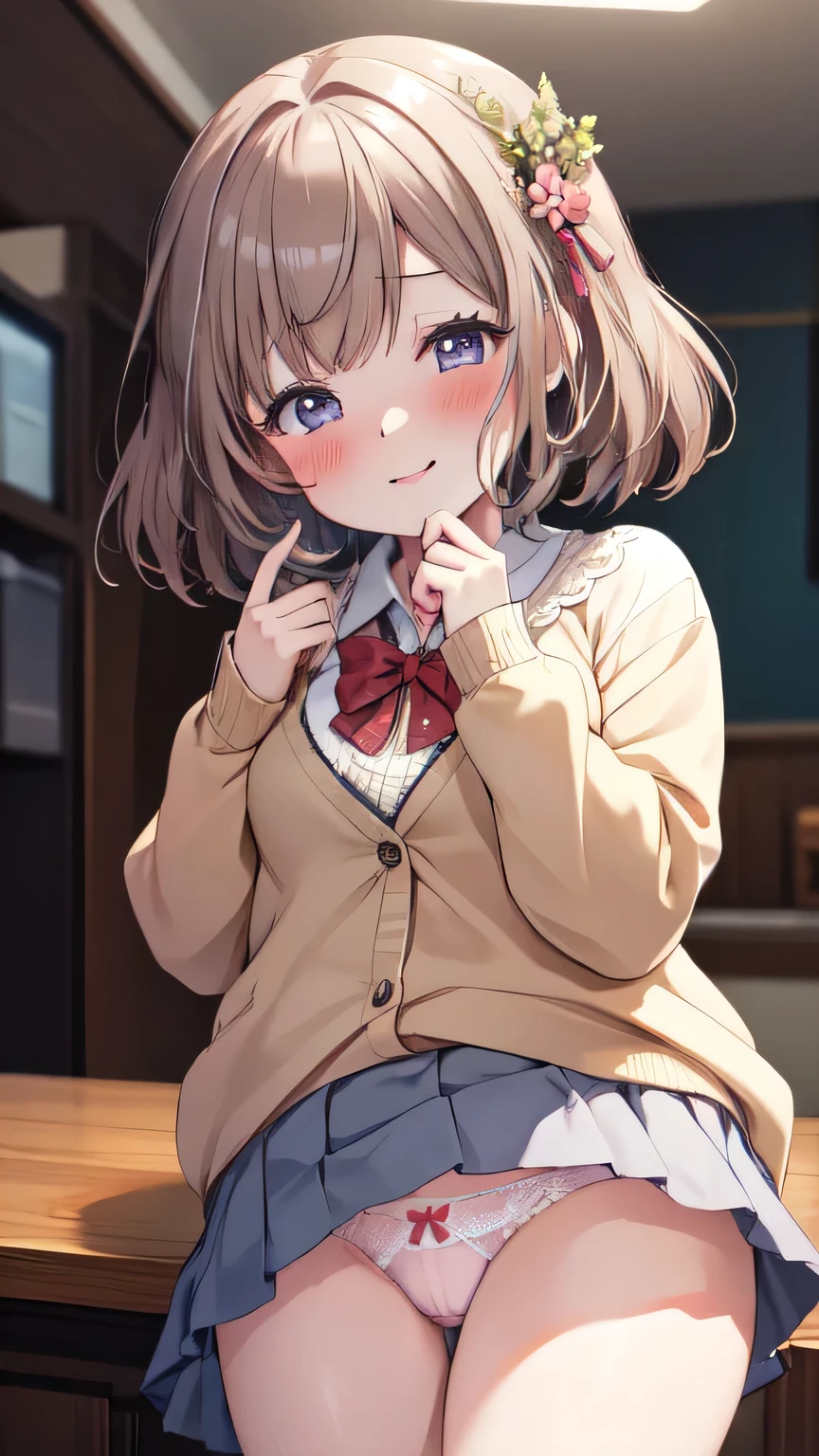 Very detailed、(8k, RAW Photos, highest quality, masterpiece:1.2), (Very detailed 8k wallpaper),shape、Professional Lighting,Sharp focus, Written boundary depth、
Browsing Caution、Clear Eyes、Perfect Anatomy、With a girl、、、(blush:1.5)、Puzzled、(White lace panties:1.5)、、(Beige cardigan:1.2)、White collar shirt、bow tie 、Micro Mini Skirt、、、,、imminent kiss,(Plump thighs:1.2)、