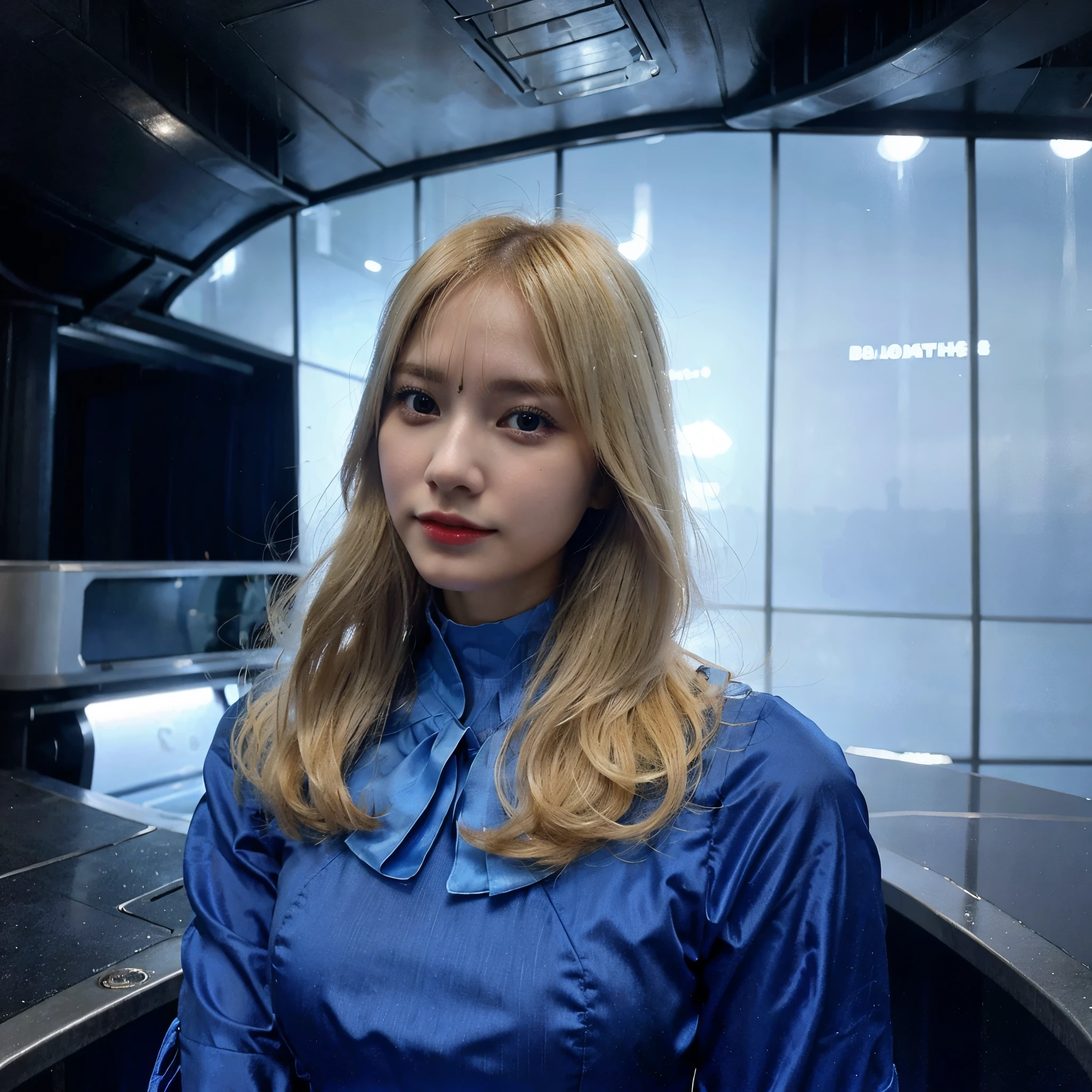 a beautiful woman with blonde hair. and with a blue dress. Take a photo. be in a futuristic city and see the entire body of the woman