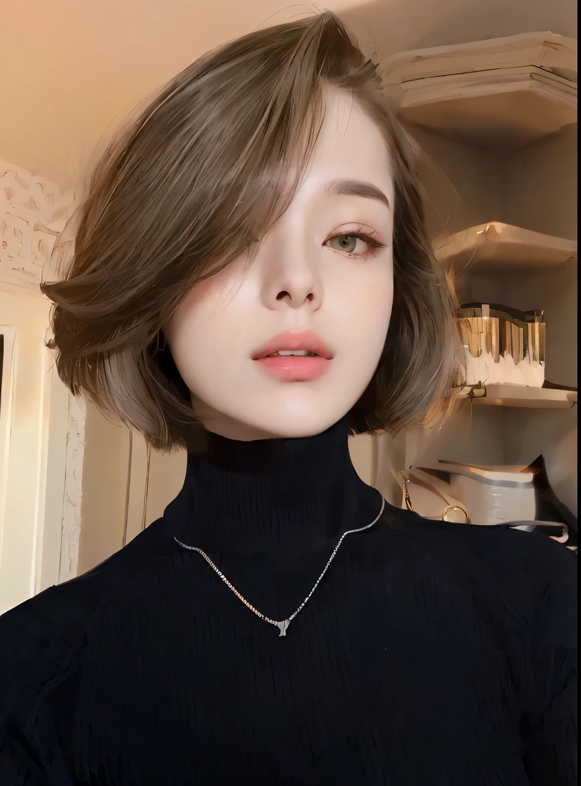 arafed woman with a black turtle neck and a necklace, with short hair, chin-length hair, 🤤 girl portrait, dasha taran, french bob, with short hair with bangs, bob cut hair, with a bob cut, bob haircut, anna nikonova aka newmilky, bob cut, french bob hair, perfect face ), short haircut, eva elfie