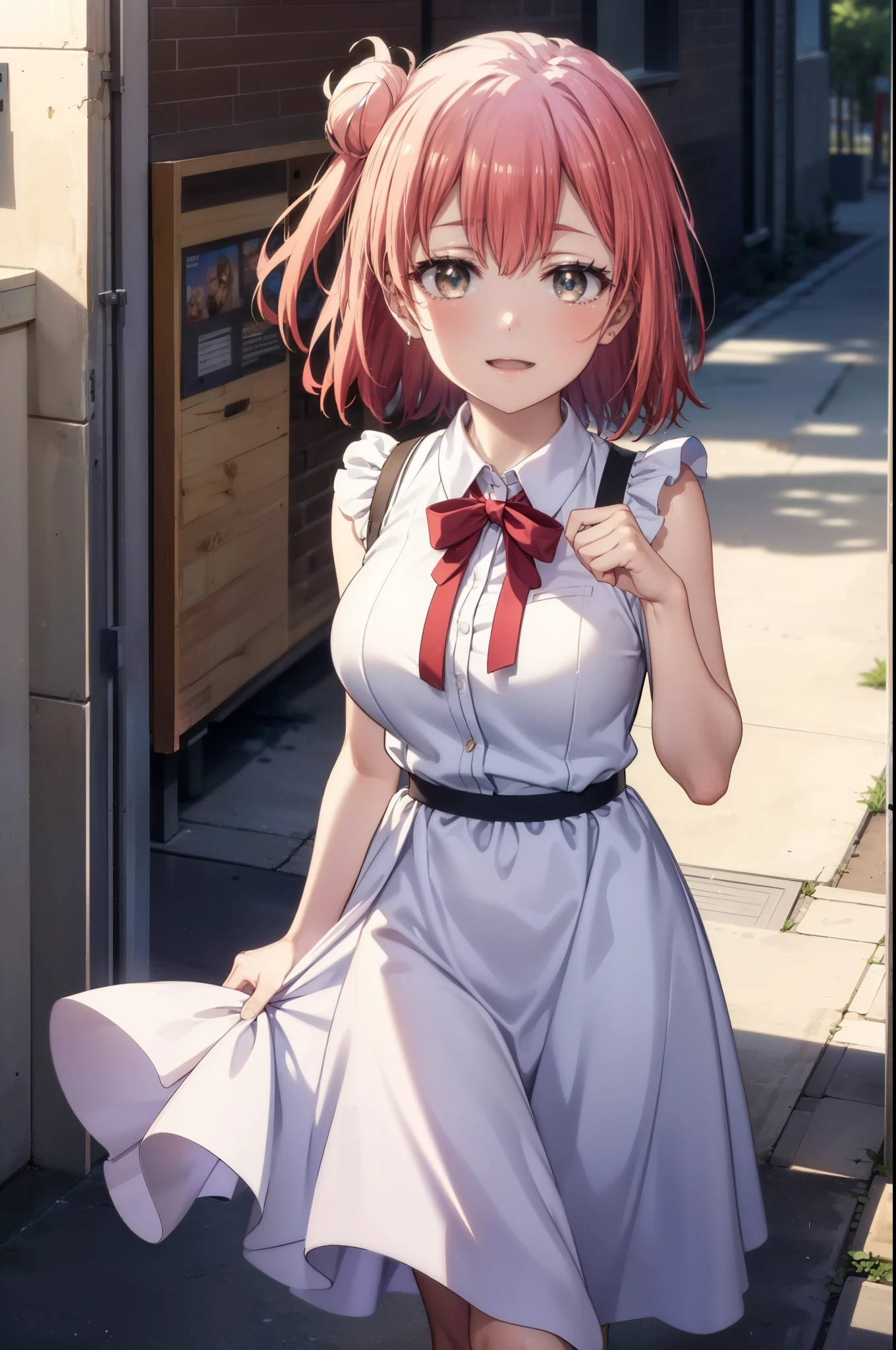 yuiyuigahama, yui yuigahama, short hair, (Brown eyes:1.5), (Pink Hair:1.2), Hair Bun, single Hair Bun, smile, (Big Breasts:1.2),happy smile, smile, Open your mouth,
, Sleeveless dress,Long skirt,Cute Sandals,walking,Real Summer,Daytime,sunny,whole bodyがイラストの中に入っていくように,
break outdoors ,School　School building,　　　　　　　　　　　　　　　break looking at viewer, whole body,
break (masterpiece:1.2), highest quality, High resolution, unity 8k wallpaper, (shape:0.8), (Beautiful and beautiful eyes:1.6), Highly detailed face, Perfect lighting, Highly detailed CG, (Perfect hands, Perfect Anatomy),