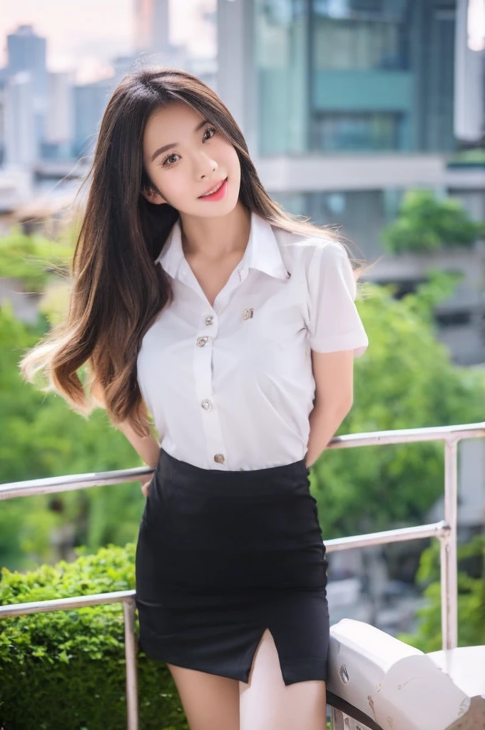 best quality, 8k, highly detailed face and skin texture, high resolution, huge tits long hair cute asian girl in white shirt and black short skirt at balcony with city view, full body, sharp focus
